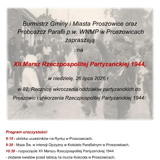 XII Marsz Rzeczpospolitej Partyzanckiej 1944 – zaproszenie na uroczystości w Proszowicach