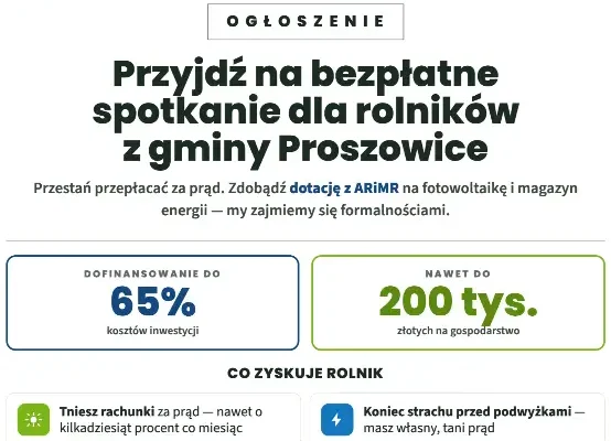 Bezpłatne spotkanie dla rolników z gminy Proszowice: dotacje na fotowoltaikę i magazyny energii