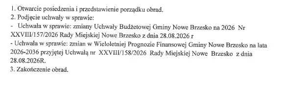 Nadzwyczajna sesja Rady Gminy Nowe Brzesko 3 września – porządek obrad
